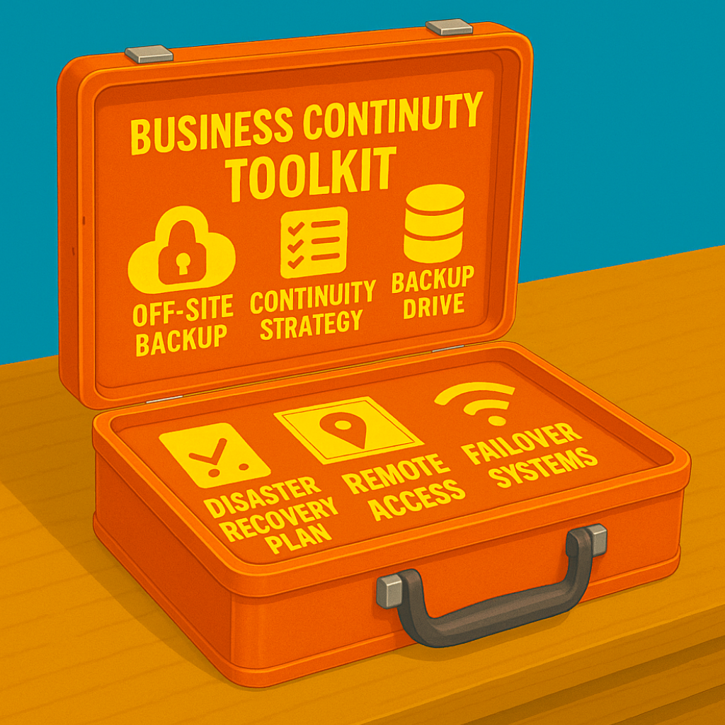 Orange business continuity toolkit with icons for backup, strategy, recovery, remote access, and failover systems.